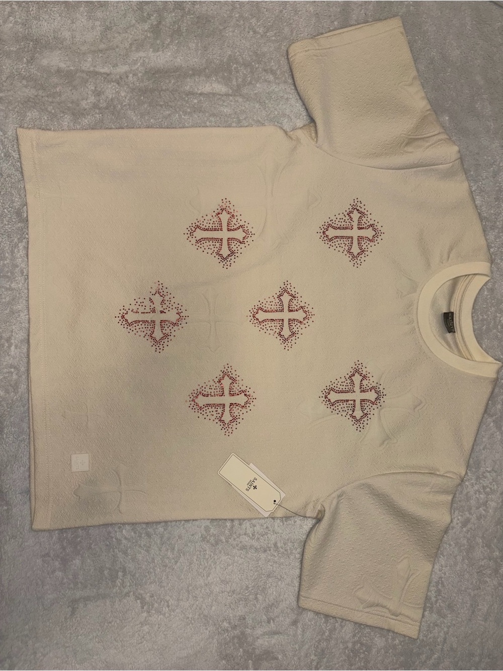 All Saints Cream Crewneck Sweater with Red Cross Motifs